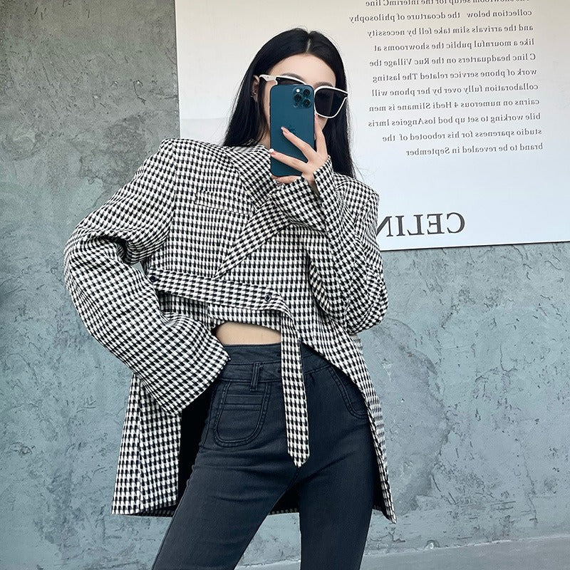 Plaid Notched Collar Long Sleeve Blazer