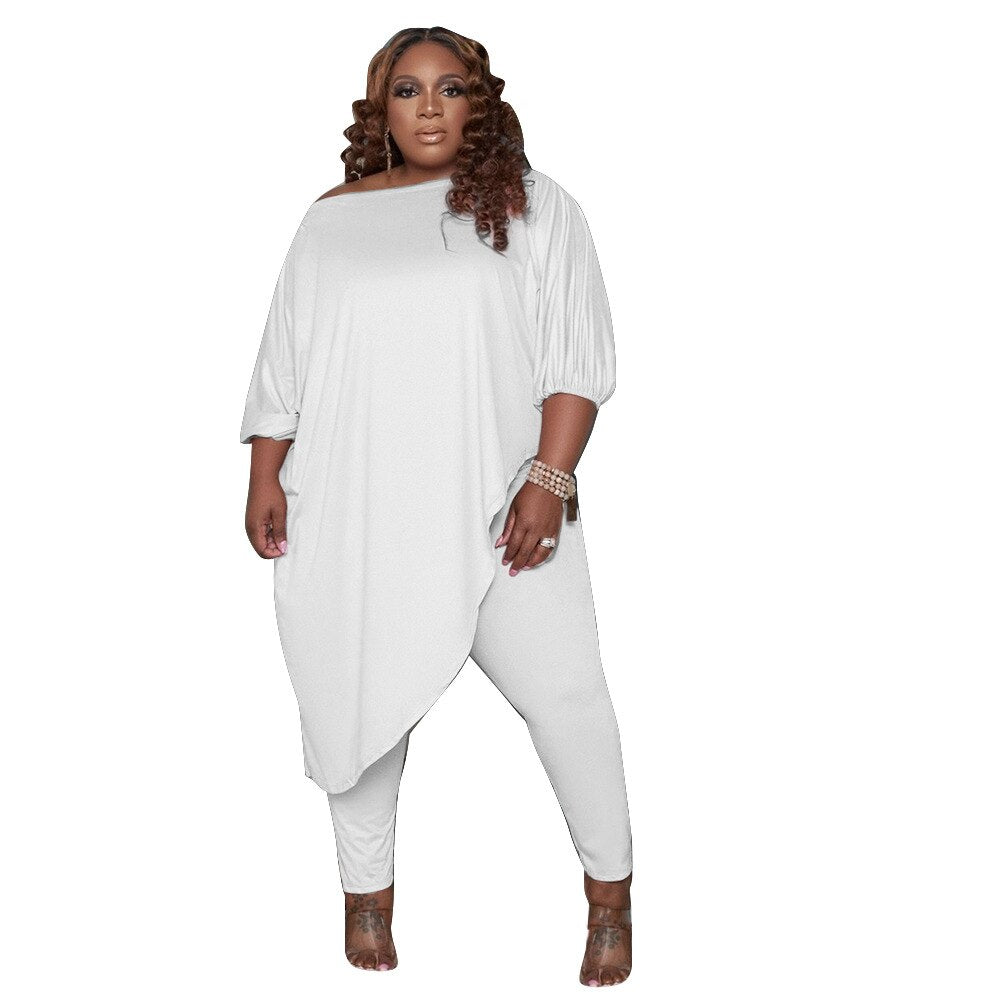 Women's Spring Diagonal Collar Black and White T-Shirt Trouser 2 Pieces Set