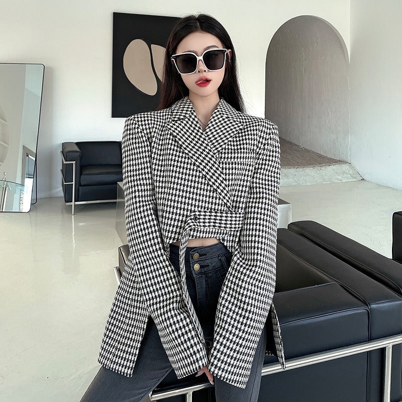 Plaid Notched Collar Long Sleeve Blazer