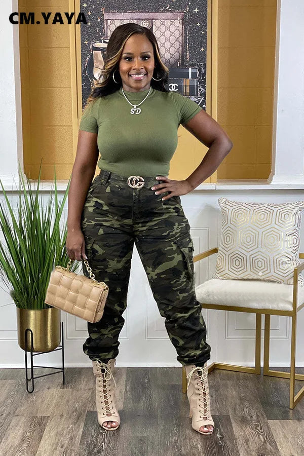 YAYA Women’s Camouflage Printed Slim Cargo Pants 2024 Spring/Summer Pocket Jogger Street Fashion Safari Trousers