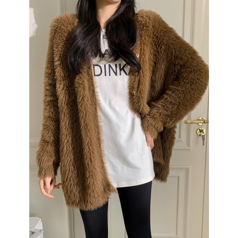 Green Big Size Knitting Cardigan Sweater Loose Fit V-Neck