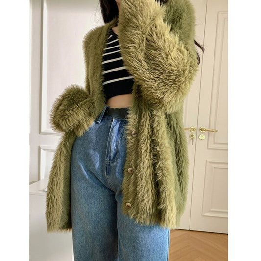 Green Big Size Knitting Cardigan Sweater Loose Fit V-Neck