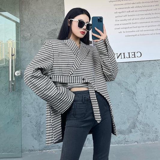 Plaid Notched Collar Long Sleeve Blazer