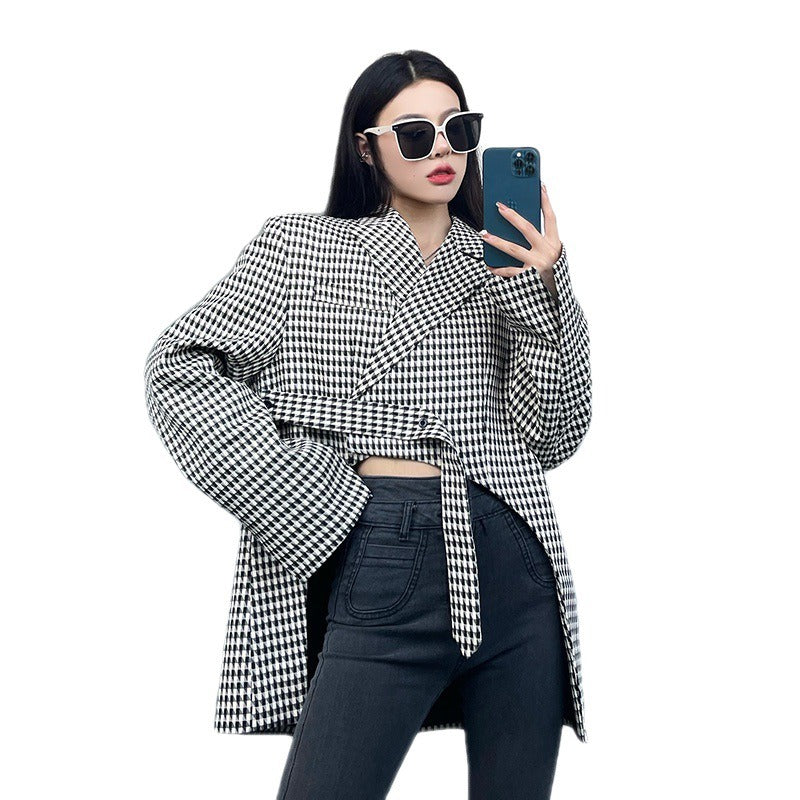 Plaid Notched Collar Long Sleeve Blazer