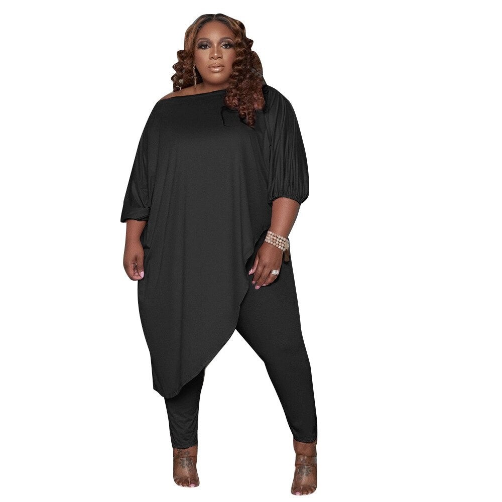 Women's Spring Diagonal Collar Black and White T-Shirt Trouser 2 Pieces Set
