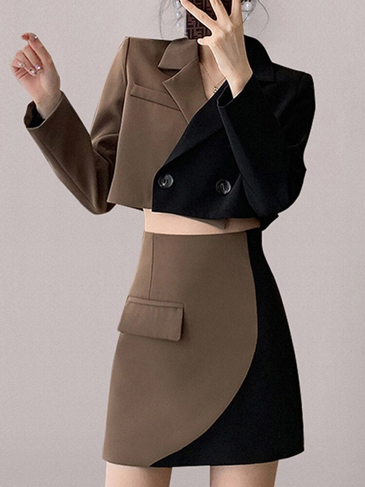 Notched Collar Long Sleeve Spliced Button 2-Piece Set