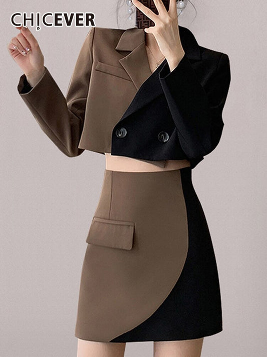 Notched Collar Long Sleeve Spliced Button 2-Piece Set