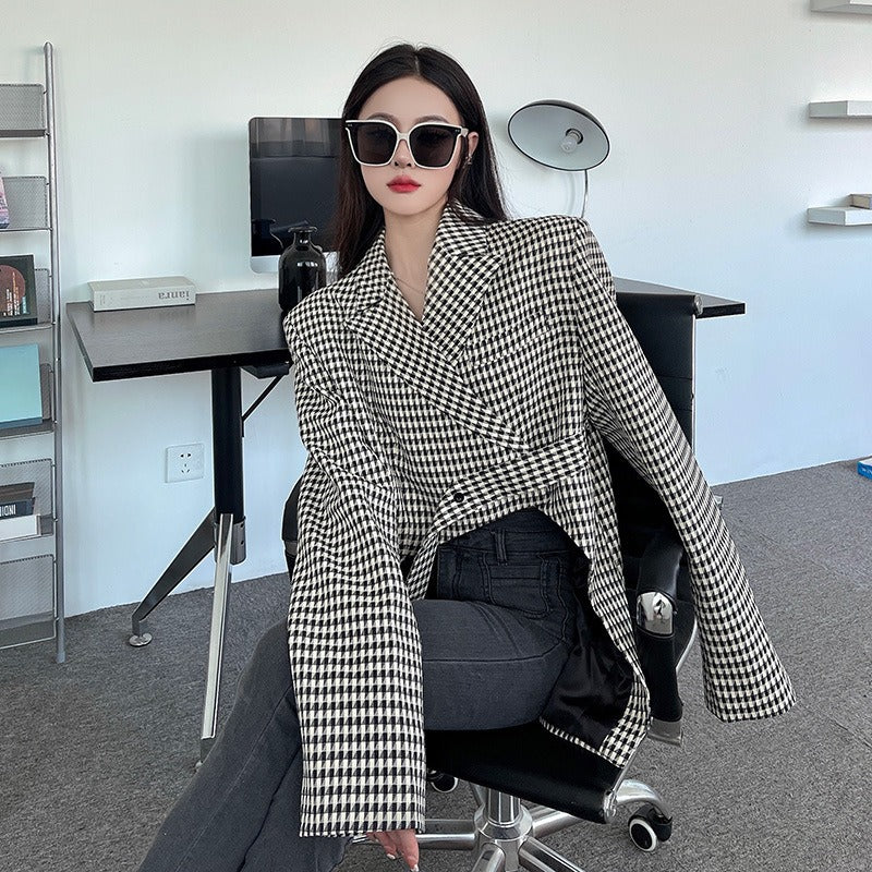 Plaid Notched Collar Long Sleeve Blazer