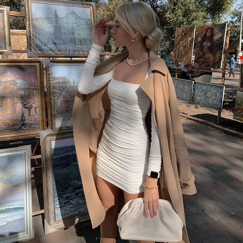 Women’s Casual Long Sleeve Bodycon Dress Office Lady Solid Color Square Collar Pleated Slim Fit Mini Dress Evening Party Wear