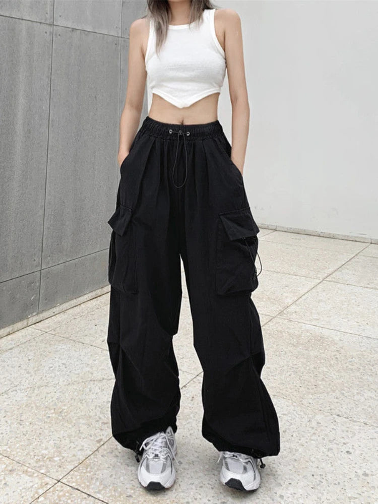 Women’s Streetwear Cargo Pants Spring Elastic Waist Solid Color Pockets Wide Leg Trouser Female Casual Joggers Sweatpants