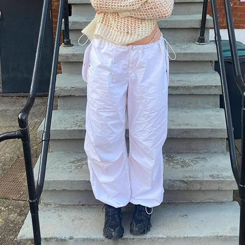 Women’s Streetwear Cargo Pants Spring Elastic Waist Solid Color Pockets Wide Leg Trouser Female Casual Joggers Sweatpants