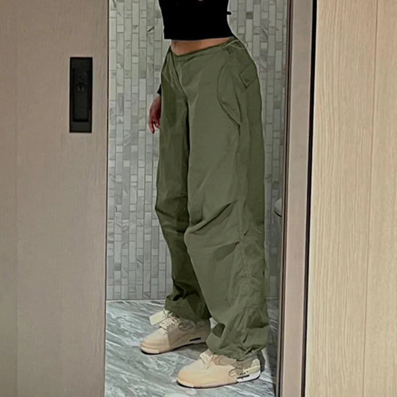 Women’s Streetwear Cargo Pants Spring Elastic Waist Solid Color Pockets Wide Leg Trouser Female Casual Joggers Sweatpants