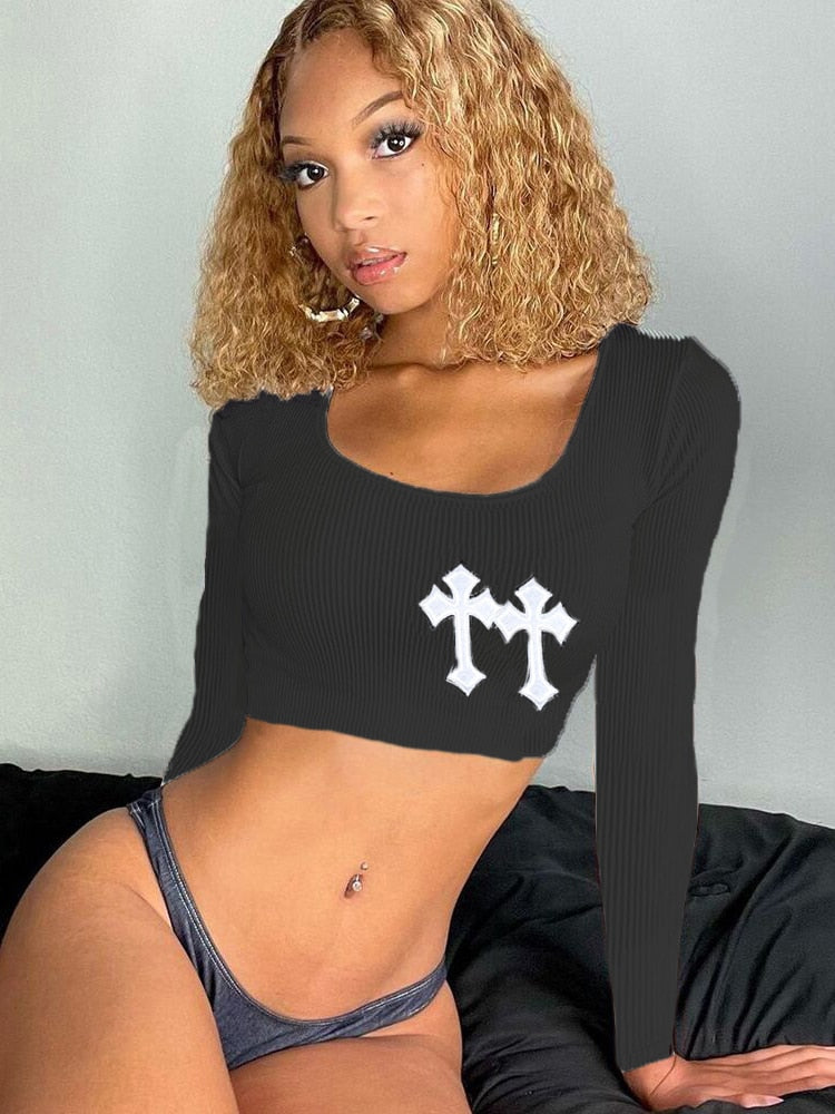 Cross Embroidered Crop Top