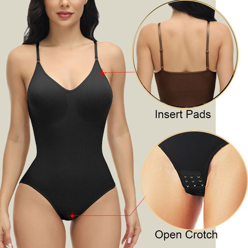 Women V Neck Spaghetti Strap One Piece Body Shaper