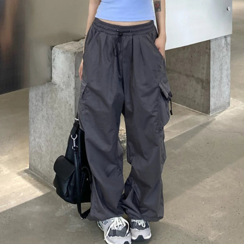 Women’s Streetwear Cargo Pants Spring Elastic Waist Solid Color Pockets Wide Leg Trouser Female Casual Joggers Sweatpants