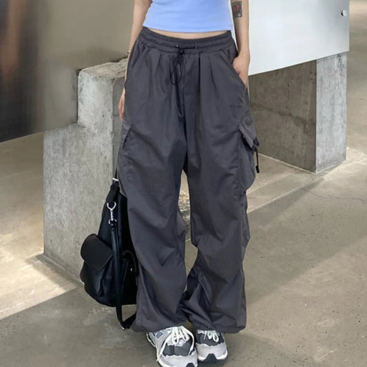 Women’s Streetwear Cargo Pants Spring Elastic Waist Solid Color Pockets Wide Leg Trouser Female Casual Joggers Sweatpants